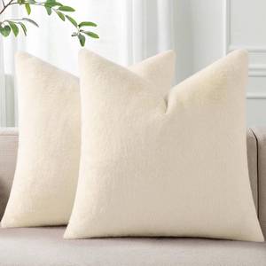 lot 43356 image: Pallene Faux Fur Plush Throw Pillow Covers 18x18 Set of 2, Soft Fluffy Couch Pillow Covers for Living Room, Beige - Retail $16