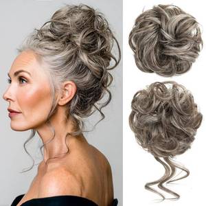 lot 43362 image: CJL HAIR 2PCS Messy Bun Hair Pieces Wavy Curly Synthetic Updo Chignon Fake Scrunchies Ponytail Extension for Women Ash Grey - Retail $18
