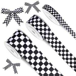 lot 43366 image: Cunno 3 Rolls Christmas Black and White Checkered Ribbon Grosgrain Printed Ribbon Racing Car Theme Printed Checkered Plaid Buffalo for DIY Crafts Wreath Party, 0.4, 0.87, 1.5 Inch Wide, 15 Yard - Retail $10