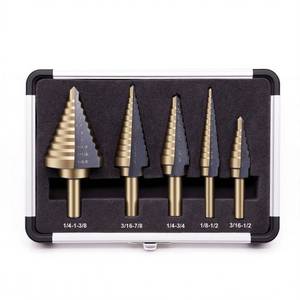 lot 43367 image: OSTTE Step Drill Bit Set 5PCS, 50 Sizes HSS Titanium Coated Step Bits for Metal Stainless Steel Aluminum Iron Wood Plastic, with Aluminum Case - Retail $18
