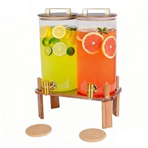 lot 62268 image: 1 PACK 1.5 Gallon Glass Beverage Dispenser with Wooden Lid, Drink Dispenser with Wooden Stand, Lemonade Dispenser with Stainless Steel Leak-Proof Spigot for Parties, Weddings - Retail $63