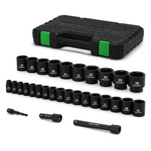 lot 62275 image: TecoTek 30 Pieces 12-Inch Drive Shallow Metric Impact Socket Set, Cr-Mo, 10mm to 36mm, No Skipped Sizes, 6 Point, Includes Extension Bars, Drill Socket Adapter 12 - Retail $60