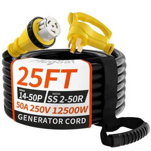 lot 62279 image: PlugSaf NEMA 14-50PSS2-50R 50 Amp Generator Cord, 25FT 50 Amp RV Extension Cord with Twist Lock, Generator Cable 50A 4 Prong Yellow, Heavy Duty STW Wire for RV Camper & House - Retail $104