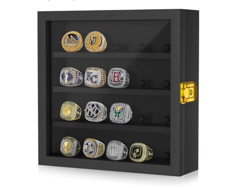 lot 19592 image: Sports Championship Rings Display Case with Collectible Rings - Retail $150