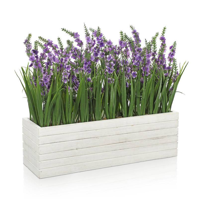lot 19624 image: 14 Inch Artificial Lavender Flower Arrangement in Rustic Rectangular Wood Planter Box Purple Fake Lavender Flower Faux Potted Lavenders Plants for Table Centerpiece Windowsill Shelf Home Decor Indoor - Retail $31