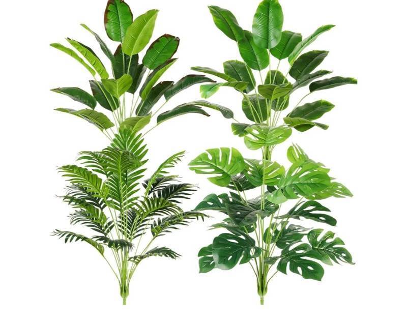 lot 24121 image: Yunlly 4 Pcs Fake Plants Tall Artificial Faux Plants Indoor for Home Decor 32 Inch Tropical Artificial Palm Tree, Banana Leaves Tree, Monstera, Taro Leaves for Office Outdoor(Classic - Retail $38