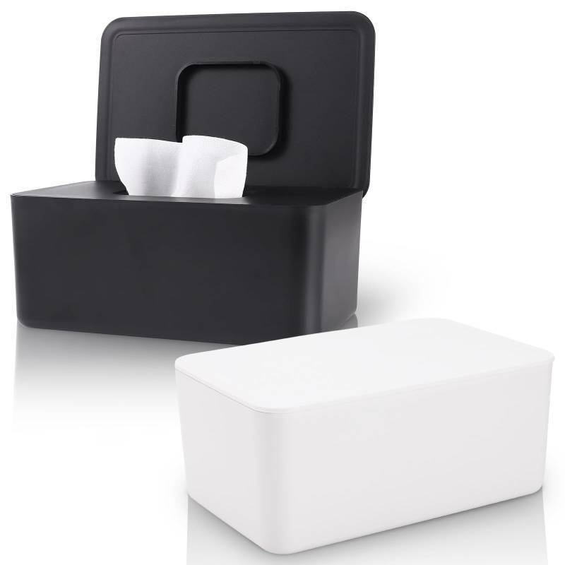 lot 24137 image: 2 Pack LEQXGO Baby Wipes Dispenser, Wipes Dispenser Baby Wipes Case, Baby Wipe Holder for Fresh Wipes, Non-Slip Wipes Case, Wipe Container with Sealing Design Lid (Black and White) - Retail $22