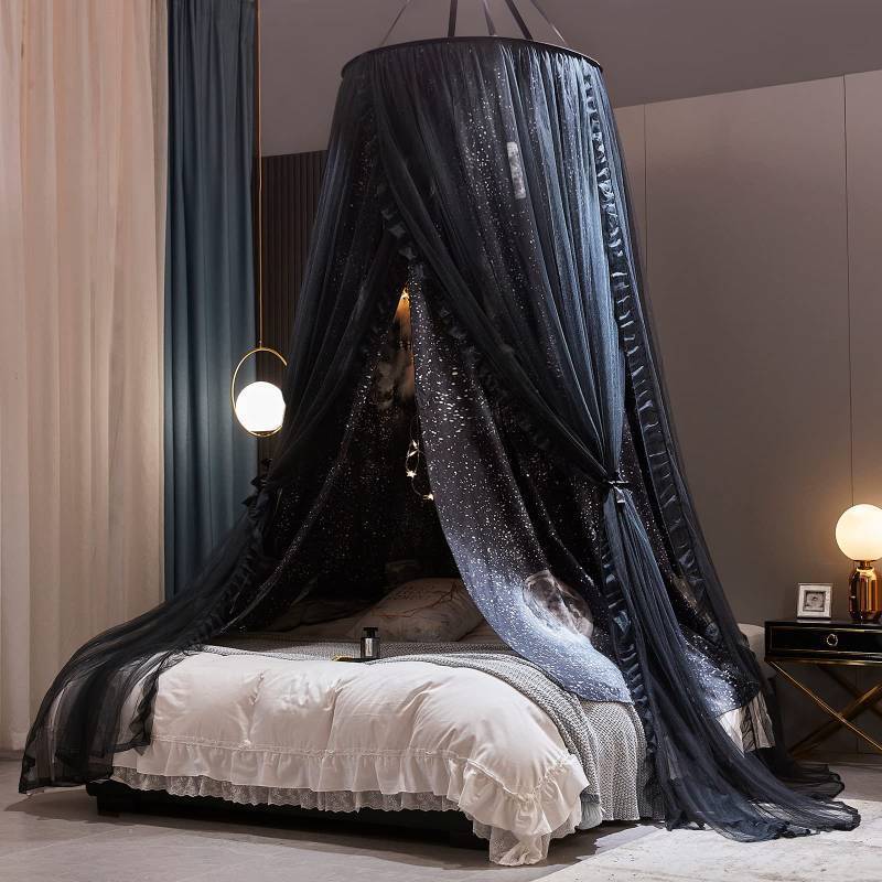 lot 24154 image: Kertnic Gorgeous Moon Printed Bed Canopy for Girls & Adults, Room Decorative Cozy Bed Curtain Canopy Drapes, Round Dome Luxurious Lace Princess Canopies Mosquito Netting (Print Moon) - Retail $60
