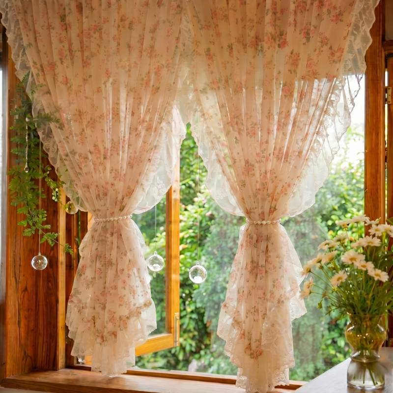 lot 24166 image: Tranqun Lace Ruffle Floral Sheer Curtains with Pearl Tiebacks Vintage Lace Curtains Romantic Privacy Light Filtering Ruffled Drapes Rod Pocket for Living Room Bedroom Farmhouse, 2 Panels(52 W X 63L) - Retail $42