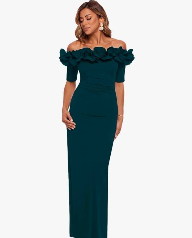lot 42689 image: Xscape Off-Shoulder Ruffle Maxi Gown in Teal - Retail $285