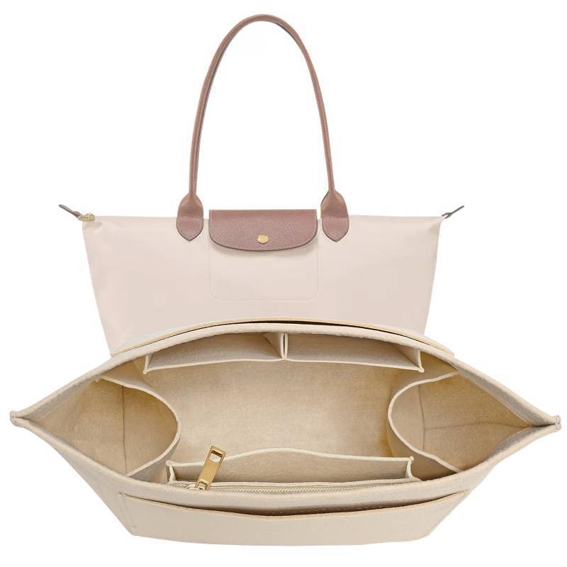 lot 42709 image: LOUKAYCCI Purse Organizer Insert for Longchamp Le Pliage M Handbag Insert Felt Long Champ Tote Bag Organizer Insert with Cup (Beige, Medium) - Retail $16