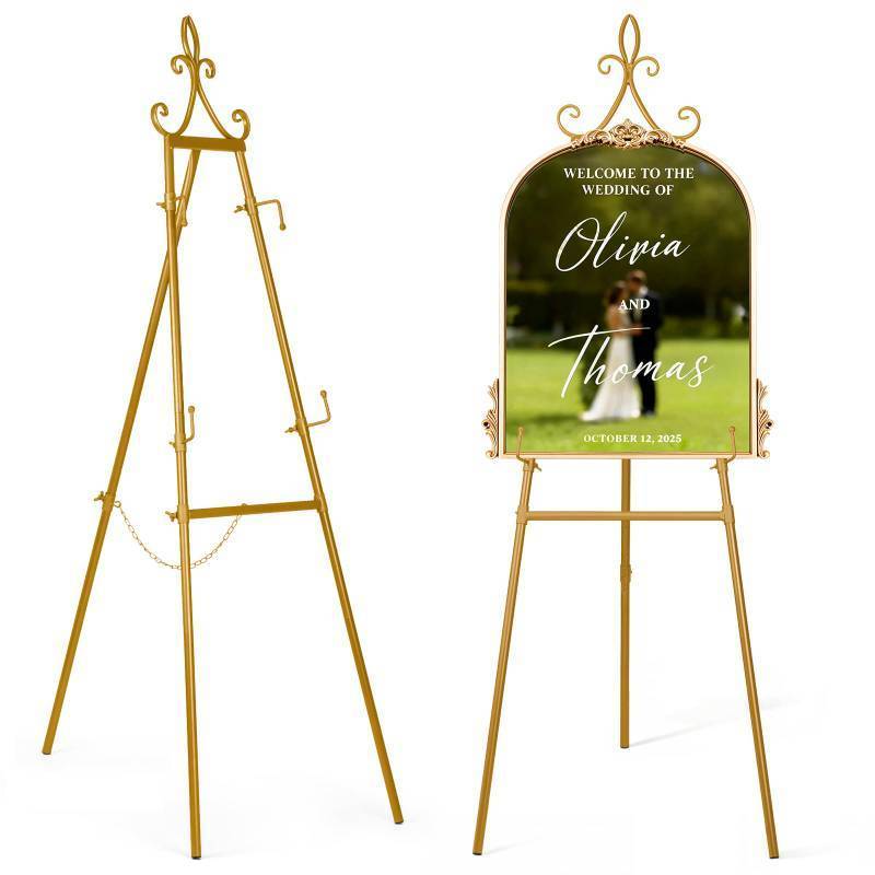 lot 43095 image: 53.9 Gold Easel Stand for Sign, Heavy Duty Metal Display Easel with Storage Bag, Adjustable Art Easel for Wedding Sign, Welcome Sign, Picture - Retail $55