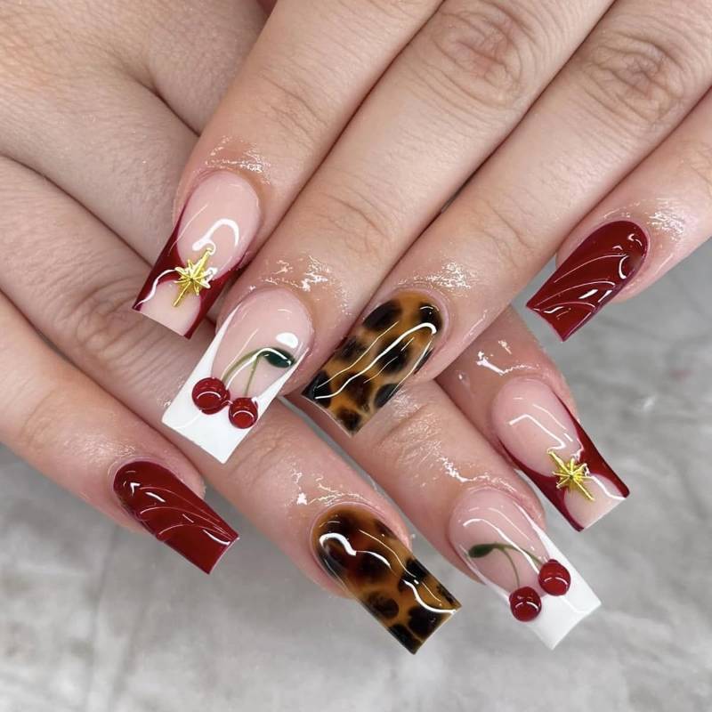lot 43099 image: Medium Square Press on Nails Brown Leopard Print and Red Fake Nails 3D Cherry Artificial Nail Party Acrylic Stick on Nail for Women 24pcs - Retail $7