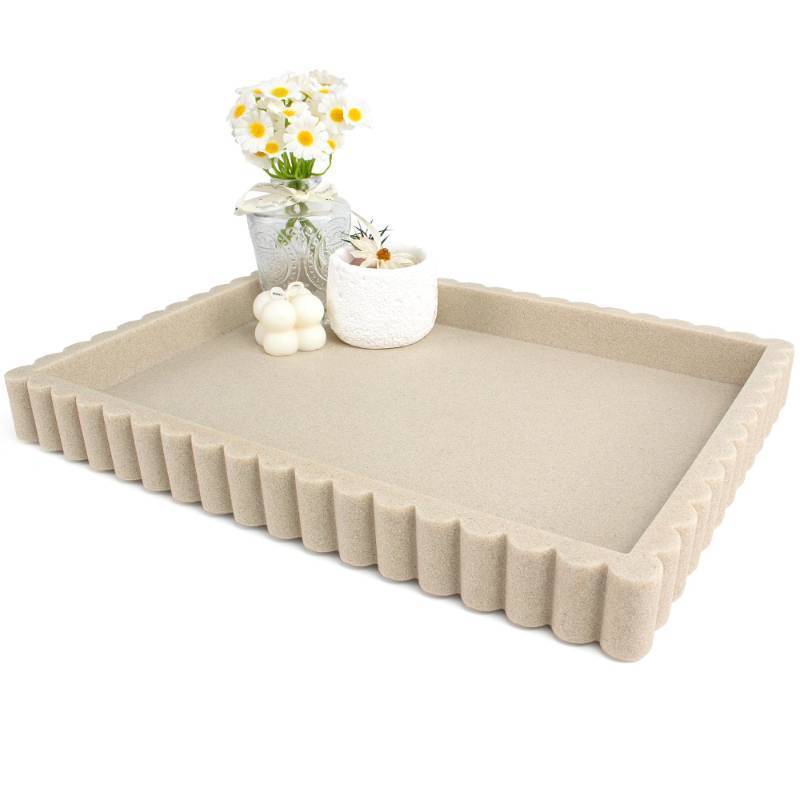 lot 60543 image: YMXYJM-Scalloped Coffee Table Tray Ottoman Tray for Modern Home Decor. 14 Decorative Tray for Entryway Table Decor, Living Room Table Decor, Coffee Table Centerpiece - Beige Resin - Retail $33