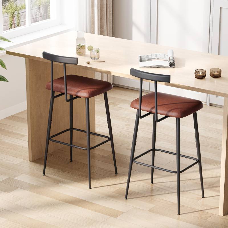 lot 60544 image: Bar Stools set of 2, Tall Bar Stools with Backrest and Footrest, Counter Height Bar Chairs, Industrial Barstools with PU Leather Cushion, for Kitchen, Dining Room, Bar, Cafe (Rustic Brown)KBS515R - Retail $54