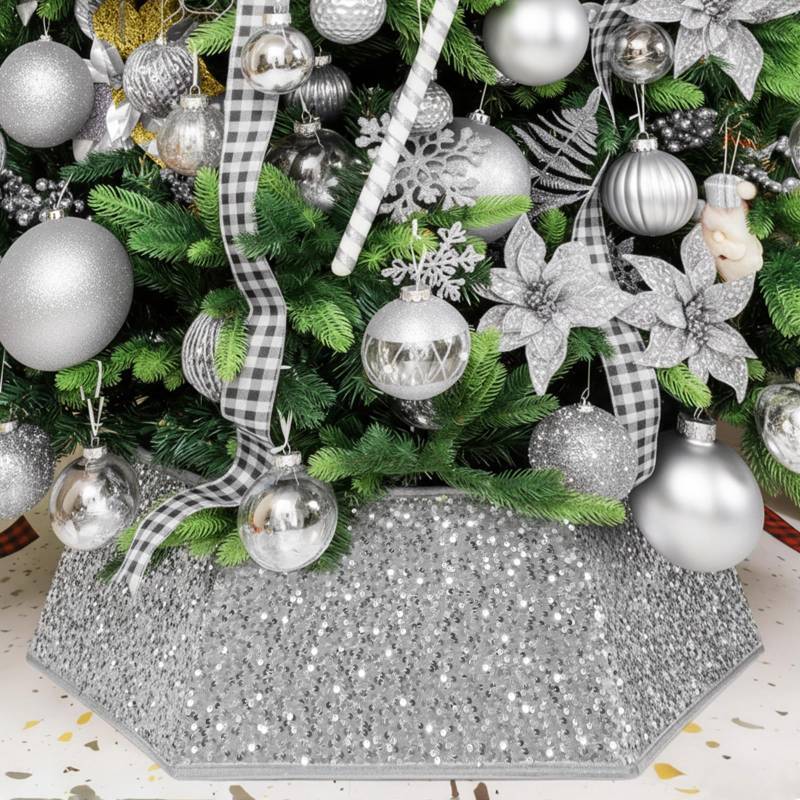 lot 23912 image: XmasExp Christmas Tree Collar 33.5 inch Sequin Tree Skirt for Christmas Holiday Home Decor Xmas Tree Ring Stand Base Cover Large Size 6 Piece Silvergrey - Retail $30