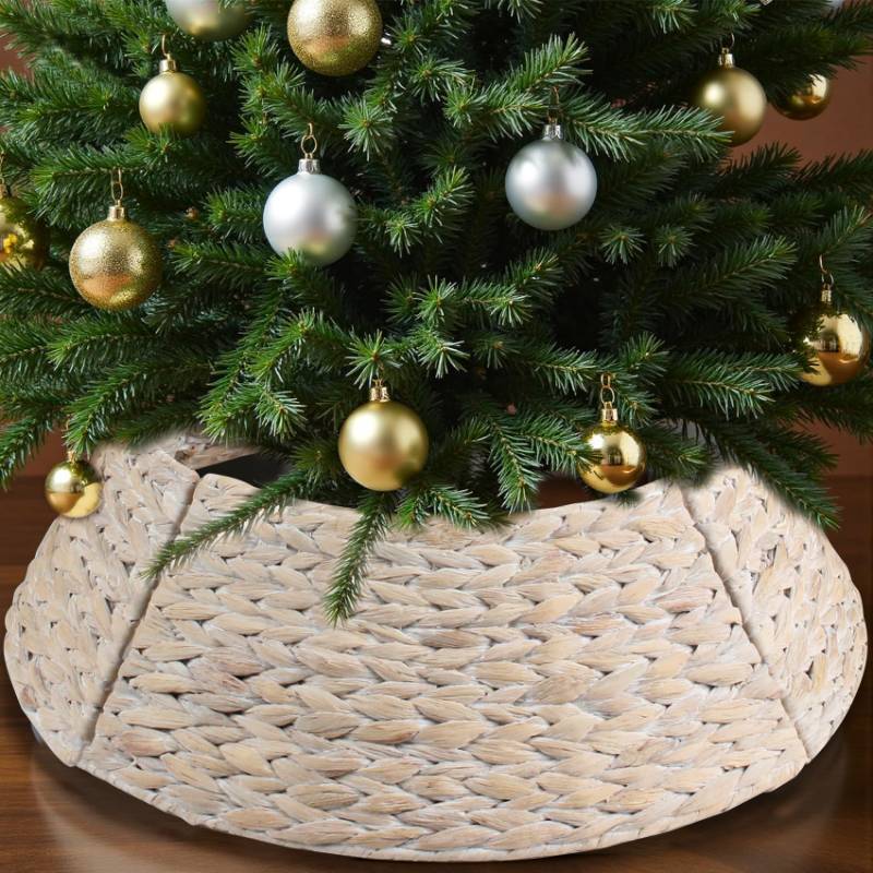 lot 23939 image: Christmas Tree Collar, 24 Woven Hyacinth Tree Collar for Artificial Trees, Scalloped Tree Collar Rattan Basket for Christmas Tree Base, Rustic Wicker Tree Skirt with Cord Cut-Out (Washed White) - Retail $46