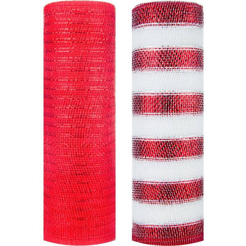 lot 25218 image: 2 Rolls Decor Mesh Poly Ribbons 10 Inch x 30 Feet Each Roll Metallic Foil Mesh Ribbon Christmas Tree Decorative Mesh Red and White Rolls for Xmas Wreaths,Swags and Home Decorating - Retail $17