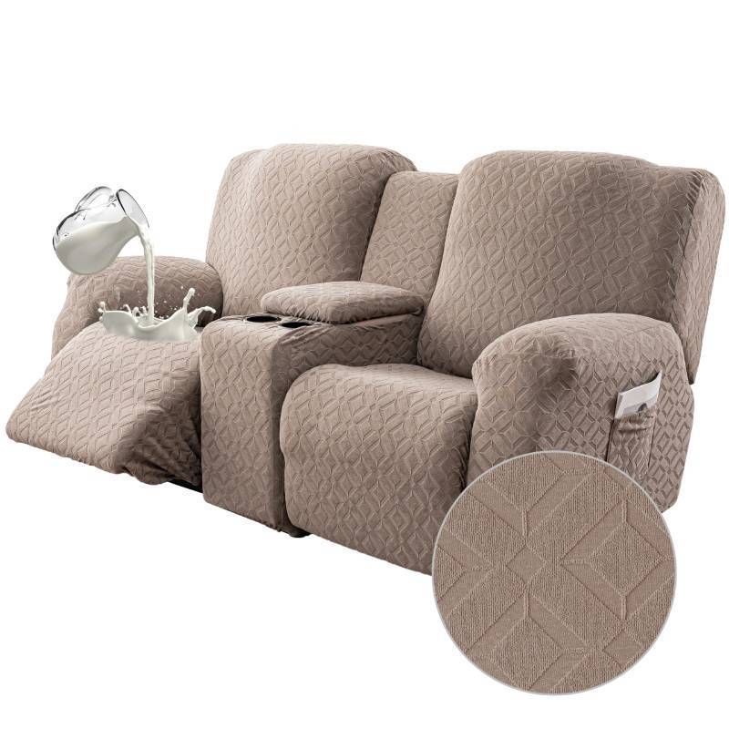 lot 24068 image: Gennia Waterproof Recliner Loveseat Cover with Console,Stretch Reclining Sofa Covers with Pockets,Lazy Boy Recliner Slipcovers,Leakproof Couch Protector for Kids&Pets (2 Seat with Console,Taupe) - Retail $60
