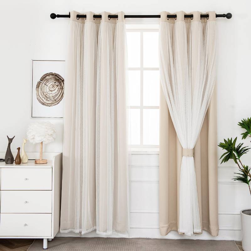 lot 24069 image: INLINAS Beige Blackout Curtains with Sheer Overlay - Grommet Top Thermal and Noise Reduction Panels for Bedroom and Living Room Light Blocking and Energy Saving, 52 x 84 Inches, Set of 2 - Retail $37