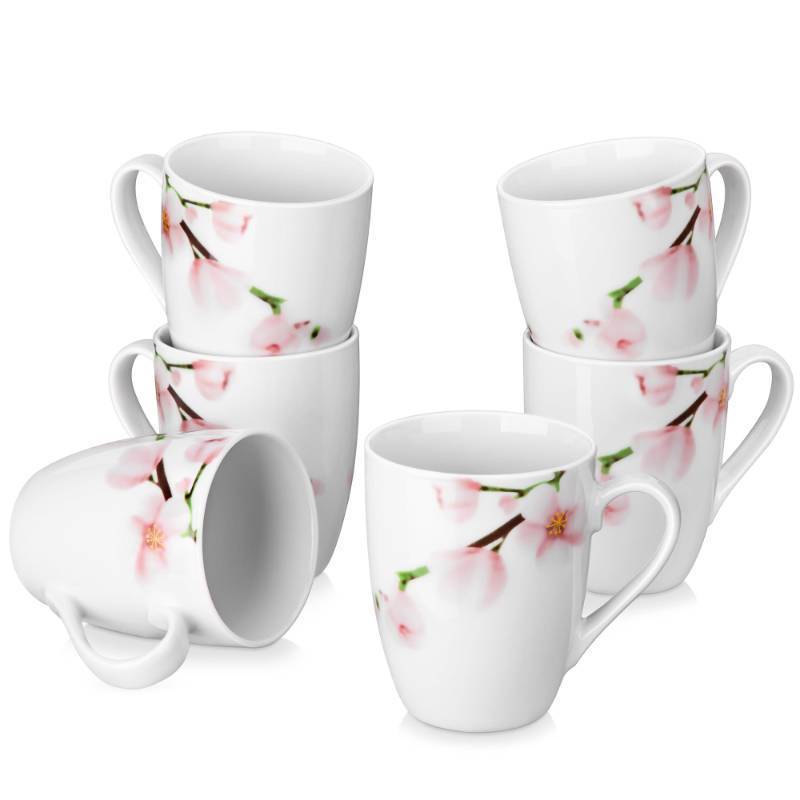 lot 25399 image: VEWEET Coffee Mugs Set of 6, 11 OZ Coffee Cups Set with Handle, Floral Mug Sets Ceramic Cup Set for Kitchen, Microwave & Dishwasher Safe, Series ANNIE (2 Mugs Have Small Chips) - Retail $36