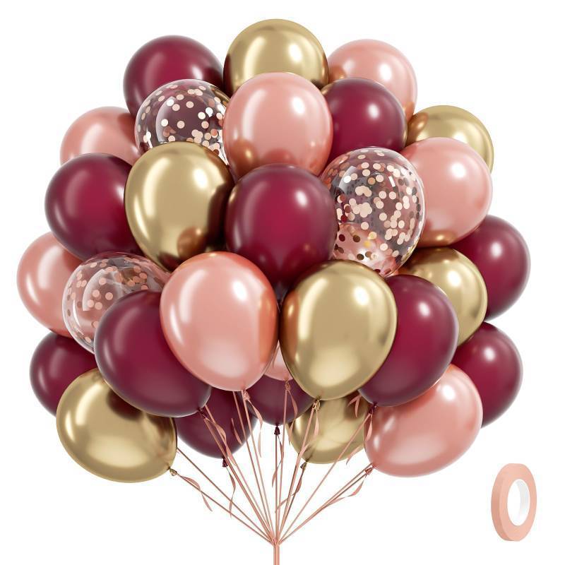 lot 27993 image: 33pcs Burgundy and gold Balloons 12inch with Maroon Pearl Rose Gold Confetti Metallic Gold Balloons for Wedding Bridal Shower Anniversary Birthday Party Decorations - Retail $6