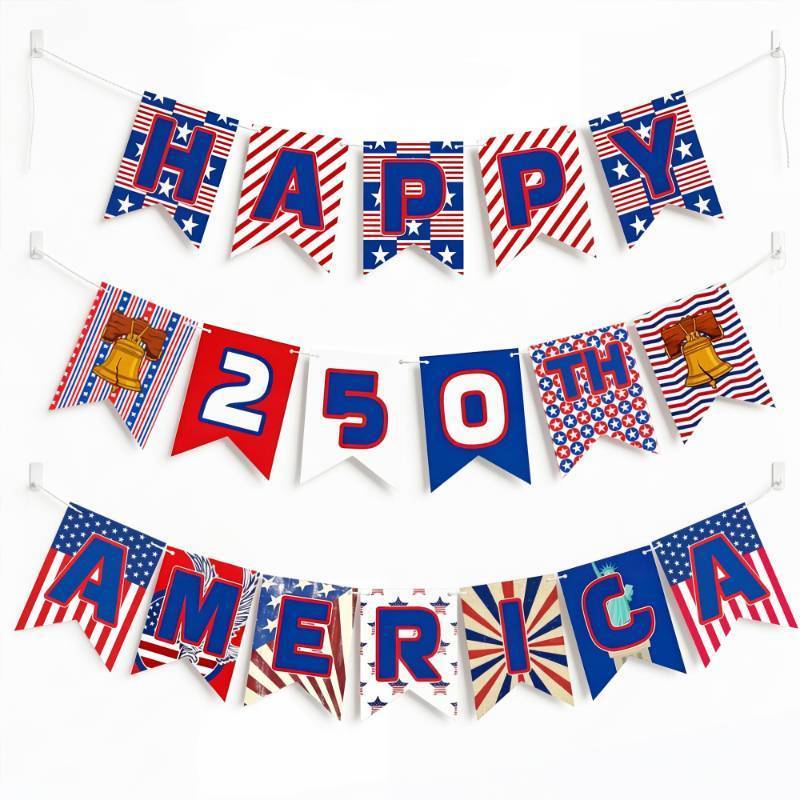 lot 28019 image: 250th Anniversary Decorations - 250 Year Anniversary Banner for Memorial Day America 250th Merchandise Outdoor Indoor Outside - 4th of July Garland Accessories for Party Favors Supplies Window Wall Door - Retail $4