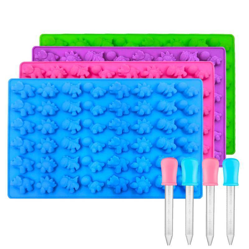 lot 28055 image: Palksky Mini Dinosaur Silicone Candy moldsDragon Gummy Bear Mold, Non-Stick Gummie Chocolate Gelatin Tray (4-Pack4 Droppers) Creates 192 Sweet Snacks Triceratops T-Rex Stegosaurus Brontosaurus - Retail $6
