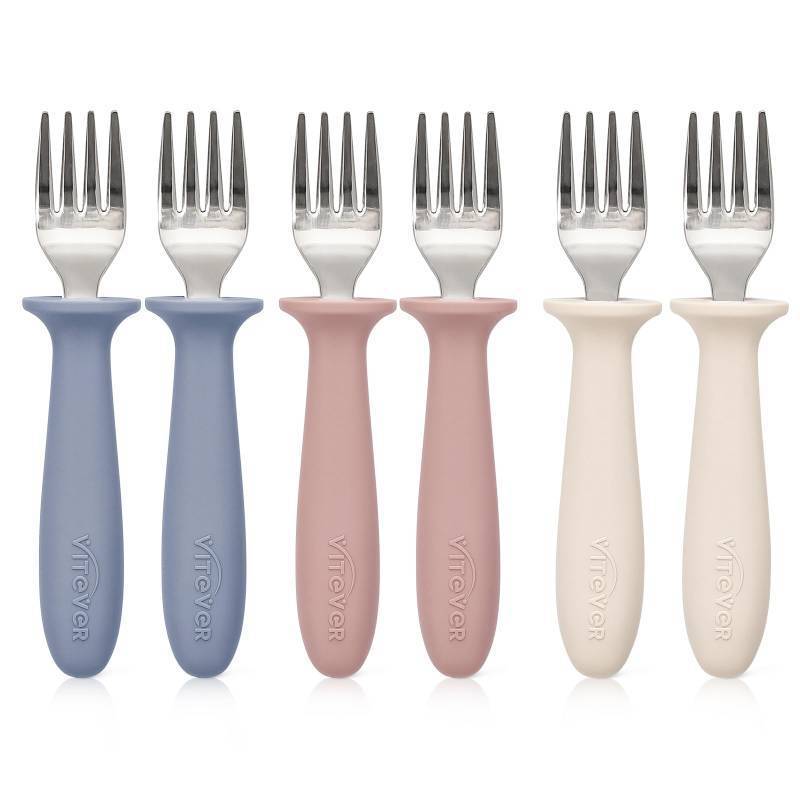 lot 28066 image: Toddler Forks��Kids Safe Utensils Set with Silicone Round Handle for Self Feeding 188 Stainless Steel Baby Forks��Childrens Silverware Set BPA Free, Dishwasher Safe 6 peice - Retail $8