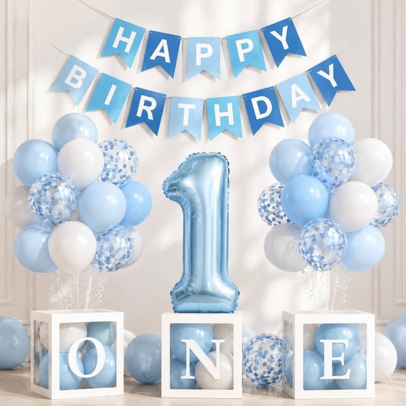 lot 43035 image: Yumiche First Birthday Decorations For Boy-40 Inch Blue 1 Number, Baby Blue White Balloons, Happy Birthday Balloons And One Balloon Boxes For Kids One Year Old Birthday Decorations - Retail $17