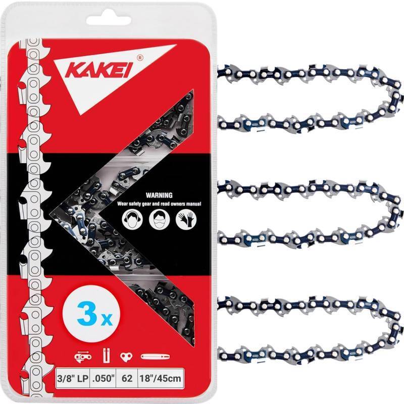 lot 43058 image: KAKEI 18 Inch Chainsaw Chain 38 LP Pitch .050 Gauge 62 Drive Links Fits Poulan, Kobalt, Echo, Ego, Greenworks and More- S62 (3 Chains) - Semi Chisel - Retail $29