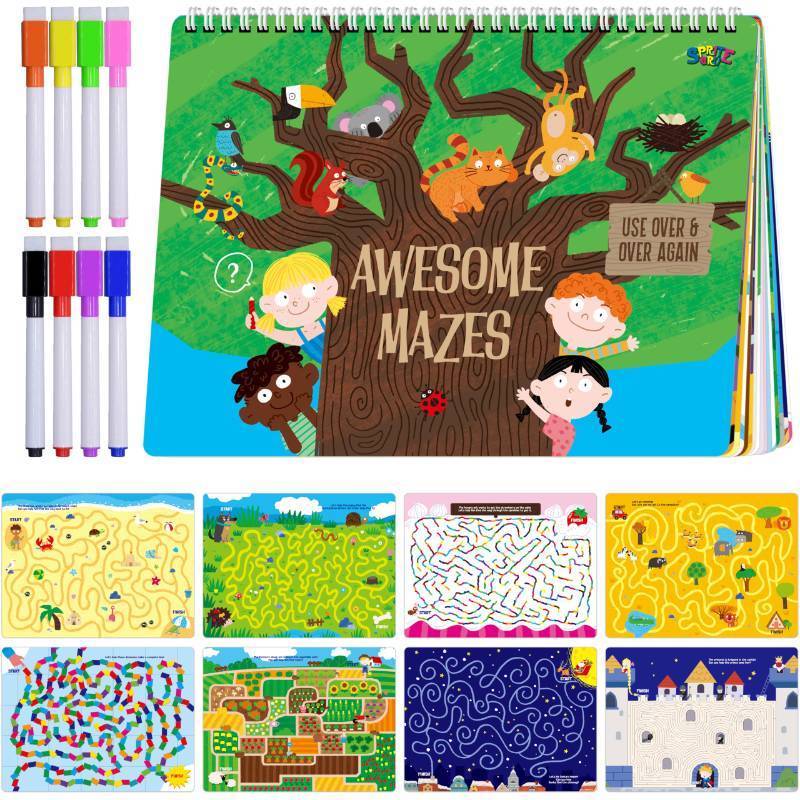 lot 43063 image: SpriteGru Dry Erase Mazes Game Pad, 30 Mazes Reusable & Erasable Book, Fun Brain Challenge Games Interesting Educational Toy and Learning Tool for Road Trip Airplane Travel - Retail $10