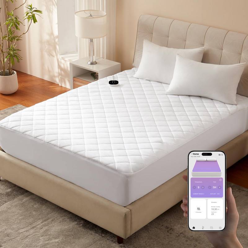 lot 62691 image: Bwarm WiFi Heated Mattress Pad Queen Size, Bed Warmer with 9 Heat Settings, 1-12 Hours Auto Off Deep Pocket, Machine Washable, Diamond Quilted White Queen 60 x 80 - Retail $114