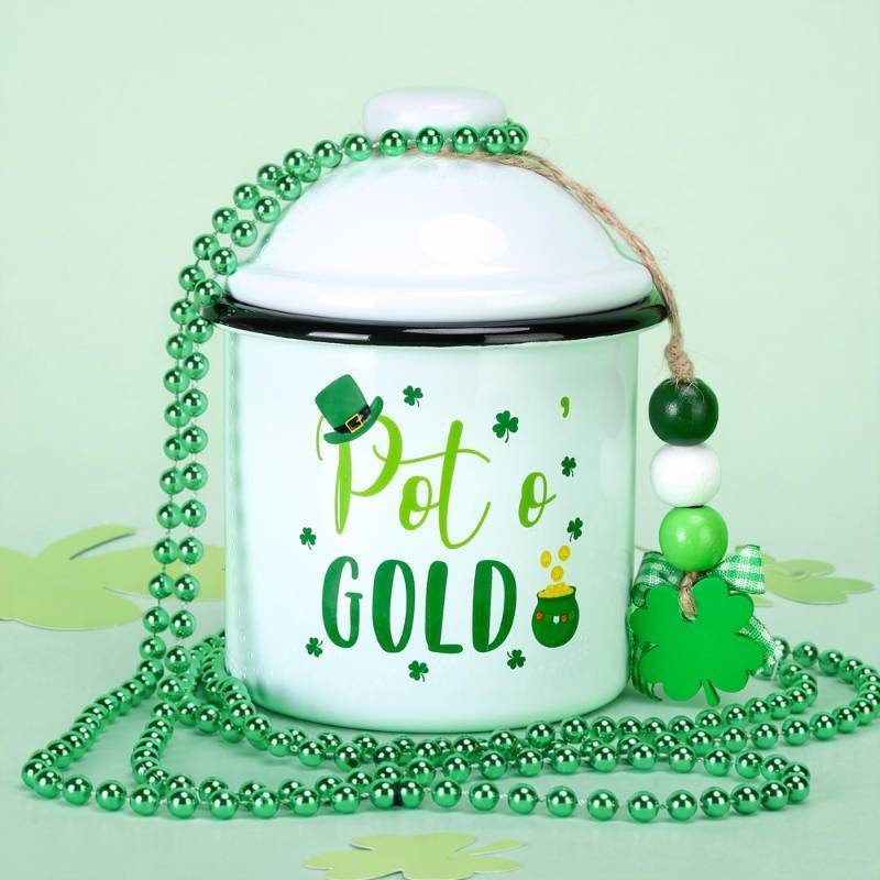 lot 23189 image: 4 Pcs St. Patricks Day Candy Enamel Canister, St Patricks Day Ceramic Jar with Beaded Strings, Saint Patricks Decoration Jar for Candy Holder Table Centerpiece Tiered Tray Decor - Retail $15