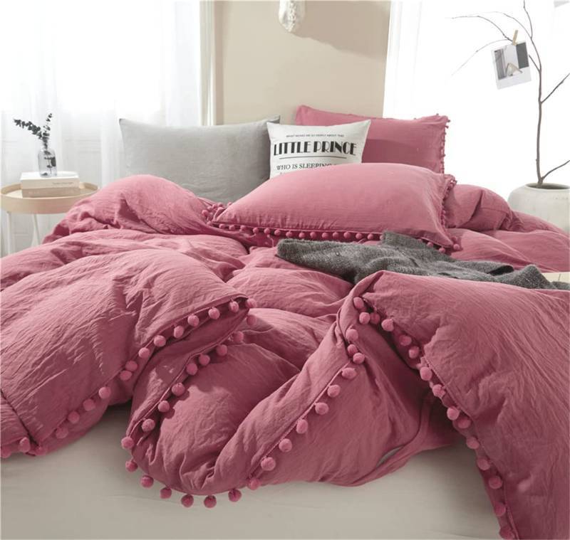 lot 23196 image: IHOUSTRIY Duvet Cover Full Size,100% Washed Microfiber 3pcs Bedding Duvet Cover Set, Pom Poms Fringe Solid Color Soft and Breathable with Zipper Closure & Corner Ties (Dusty Rose, Full) - Retail $40
