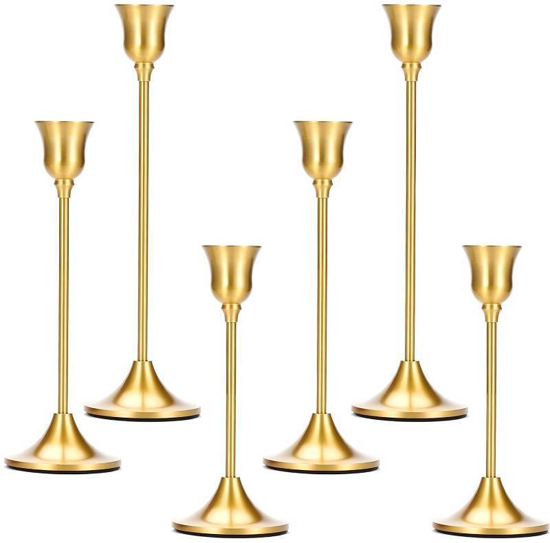 lot 23204 image: 2 Sets(6 Pcs) Candle Stick Holders Brass Gold Metal Taper Candle Holders, Vintage Modern Decorative Centerpiece Candlestick Holders for Table Mantel Wedding Housewarming Gift - Retail $10