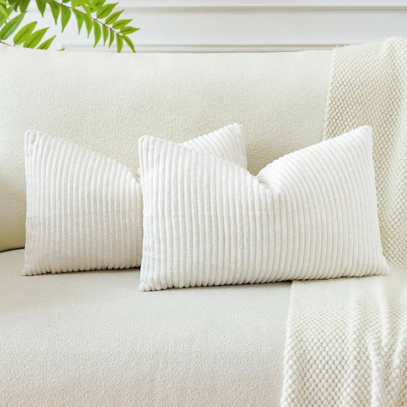 lot 31161 image: OTOSTAR Boho Decorative Throw Pillow Cover 16 x 24 Inch Soft Corduroy Solid Striped Pillow Cover Lumbar Cushion Case Couch Pillowcases for Sofa Bed Home Decor 1 pk (Beige White) - Retail $13