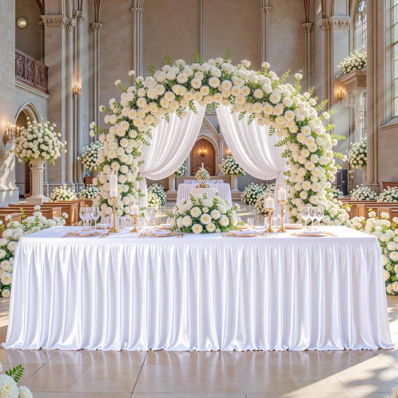 lot 24761 image: 8FT White Satin Tablecloths for Rectangle Tables - Shiny Spandex Party Table Cover with Pleated Table Skirt, No-Wrinkle & Glossy Wedding Tablecloth One-Piece for Birthday Baby Shower Banquet Ceremony - Retail $35