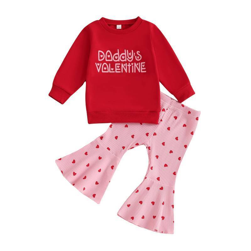 lot 28931 image: iddolaka Toddler Baby Girls Valentines Outfits Long Sleeve Letter Sweatshirt Shirt Heart Flared Pants Spring Clothes (B-Print red, 6-12 Months) - Retail $15