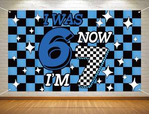 lot 18469 image: Heyfary 6 7 Birthday Party Decoration Blue Checkered I was 6 Now Im 7 Photo Booth Backdrop Boy School Classroom Background Banner Wall Decor (Blue Checkered, 3.6x5.9ft) - Retail $13