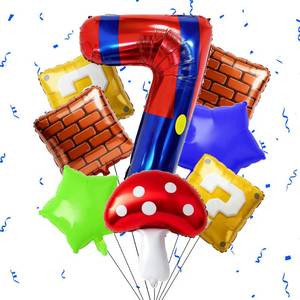 lot 18482 image: Blue Red Number Balloon Set Birthday Decor, Include 40 Inch Blue Red Number 7 Balloon, Mushroom Foil Balloon, Square and Star Foil Balloons for Birthday Decoration Supplies (Number 7) - Retail $10