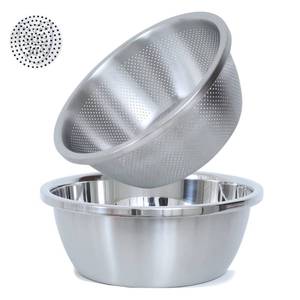 lot 18488 image: Stainless Steel Microporous Colander, 5QT Large Capacity with Mixing Bowl For washing vegetables, fruit and rice and for draining cooked pasta(2PC) - Retail $32
