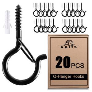 lot 18511 image: ADIIL 20 PCS Q Hanger Hooks with Safety Buckle, Windproof Screw Hooks for Hanging Outdoor String Lights, Plants, Christmas Patio Lights, 2.2 Inches, Black - Retail $10