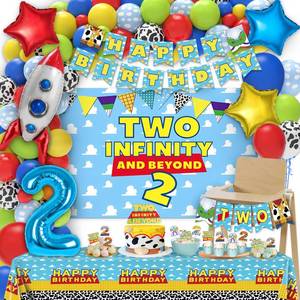 lot 18573 image: Two Infinity and Beyond Birthday Decorations - 105 Pcs Toy Inspired Story 2nd Birthday Party Supplies Include Banner, Balloons, Backdrop Film, Balloon Cake Topper, Tablecloth - Retail $27