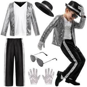 lot 18603 image: HORTYZON Kids Dance Star Costume Boys 80s Dance Costume 90s Pop Stage Outfits with Glasses Hat Gloves Halloween Cosplay Party (8-10 Years) - Retail $39