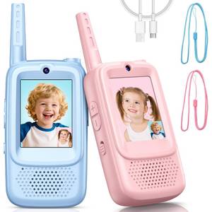 lot 18614 image: Video Walkie Talkies for Kids, 2 Pack Rechargeable Walkie Talkies with Screen and 4 Voice Changer, Christmas Birthday Gifts for Boys and Girls Ages 3-12, Indoor Outdoor Toys for Family Games, Camping - Retail $20