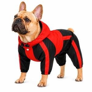 lot 18615 image: Lovelonglong American Bully Pitbull Dog Hooded Raincoat, Bulldog Rain Jacket Poncho Waterproof Clothes with Hood Breathable 4 Feet Four Legs Rain Coats for Pugs English French Bulldog Red B-L - Retail $19