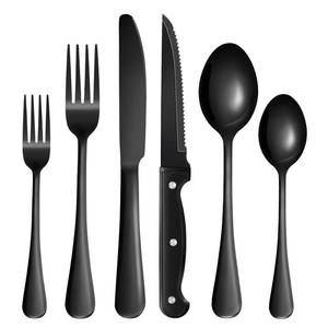 lot 18624 image: Black Silverware Set with Steak Knives Black Stainless Steel Flatware Set for 4 Food Grade Tableware Cutlery Set Rust-proof, Mirror Polished, Dishwasher Safe 24 pcs - Retail $14