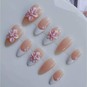 lot 18655 image: Gleamrain Almond Press on Nails Medium Handmade French Tip Cute Stick on Nails with Flower and Pearl Design Cherry Blossom Pink Fake Nail for Women and Girls Spring Or Summer 10pcs M Size P22 - Retail $16