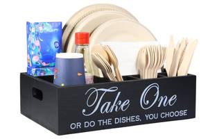 lot 26051 image: Rehuei Paper Plate Holder Utensil Caddy Organizer - Rustic Wood Disposable Plate Dispenser with Handles for Cups, Forks, Spoons, Napkins and Silverware Holders (kong paper plate holder) - Retail $24